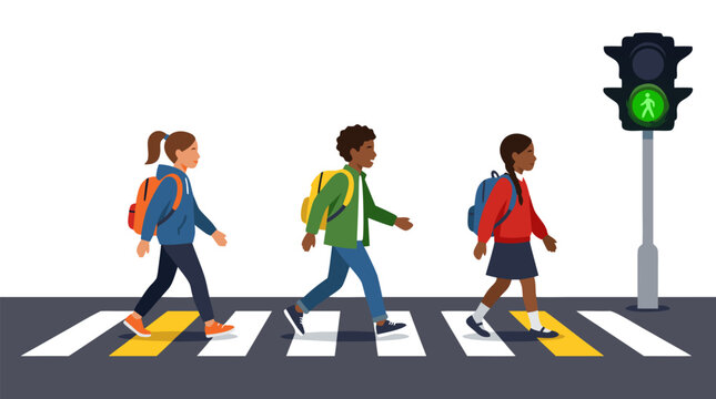 Flat Vector Illustration of Diverse School Children with Backpacks Safely Walking Across a Zebra Crosswalk Toward a Green Pedestrian Traffic Light Signal on a Clean White Background.