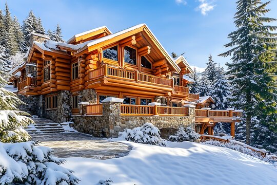 Luxury log cabin lodge covered in fresh snow during winter in the mountains