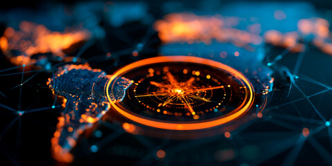Fototapeta premium Futuristic digital world map with glowing orange compass and global network connectivity. dark style blue and black 