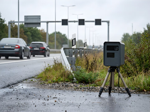 Portable speed camera on a tripod positioned on the wet roadside of a busy highway during overcast weather with speed trap tripod setup traffic monitoring speed enforcement