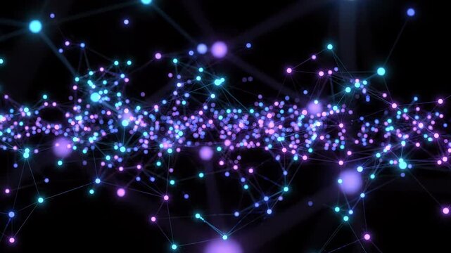 Dynamic animation of a vibrant digital network with glowing nodes and lines creating a futuristic data stream.