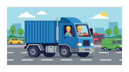 Fototapeta premium Flat vector illustration of two professional drivers in yellow hard hats steering a blue cargo truck on a busy multi-lane city road with other vehicles, trees, and a sunny sky in clean design.