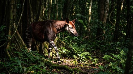 Naklejka premium Okapi walking through dense tropical rainforest jungle wild animal mammal wildlife habitat. Concept of okapia johnstoni, african wildlife, forest mammal, rare species.