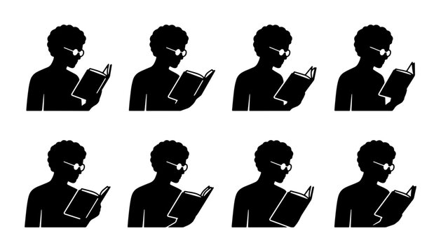Silhouette Figures Reading Books, Set of 8 Vector Icons, Educational Concept, Knowledge Acquisition, Study and Learning