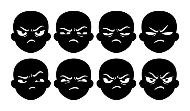 Grumpy Faces Vector Icons, Angry Expressions Set, Negative Emotions Collection, Black Silhouette Emoticons for Digital Design