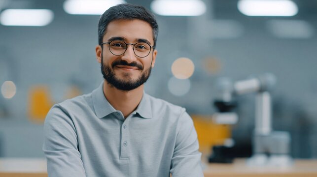 Happy engineer observes collaborative robot displaying completed product in a contemporary work environment