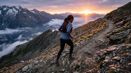 Obraz premium Athletic woman running on high mountain trail during epic golden sunrise fitness workout. Concept of black, rocky, mountain runner, skyrunning, endurance athlete, trail runner.