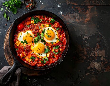 Middle Eastern Shakshuka with Poached Eggs in Cast Iron Skillet Top View