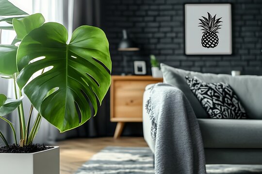 Modern living room interior with monstera plant, sofa, and pineapple wall art