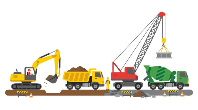 Flat Vector Illustration of a Busy Construction Site Featuring a Yellow Excavator, Dump Truck, Red Mobile Crane, and Green Cement Mixer on a White Background for Industrial and Building Projects