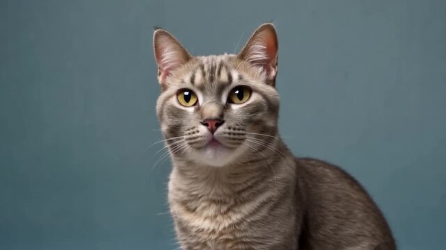 Elegant domestic cat looks at the camera against a clean teal studio background with advertising copy space.