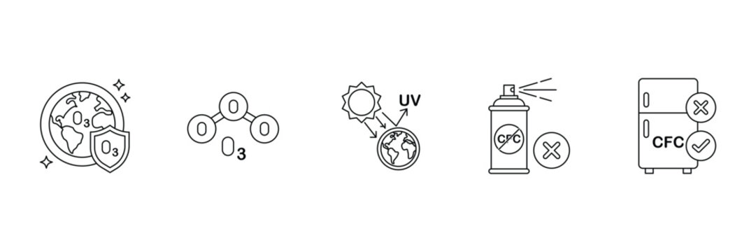 Ozone layer protection line icon set including world shield molecule UV radiation cfc spray refrigerator.
