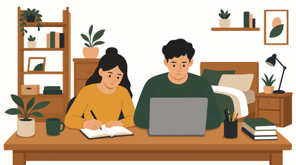 Fototapeta premium Flat vector illustration of two focused young people working together at a wooden desk with laptop and notebook in a tidy modern bedroom with plants, shelves, and warm decor