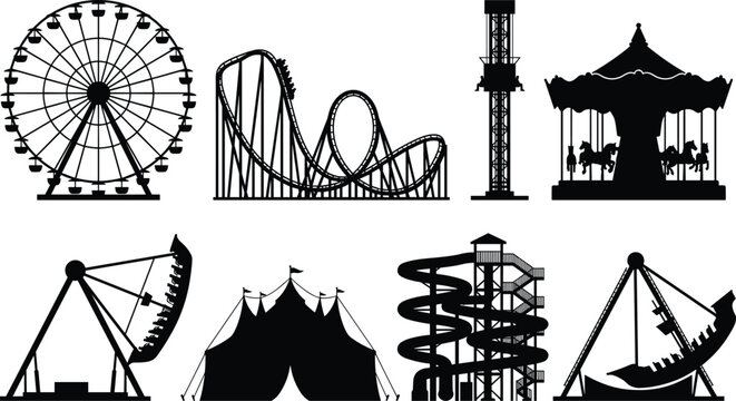 Amusement park and carnival rides black silhouette vector icon set featuring roller coaster, carousel, and Ferris wheel