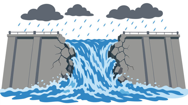 Vector illustration of a broken concrete dam wall during a heavy monsoon rainstorm with water gushing through a massive crack and overflowing into a flood, flat design style on white background.