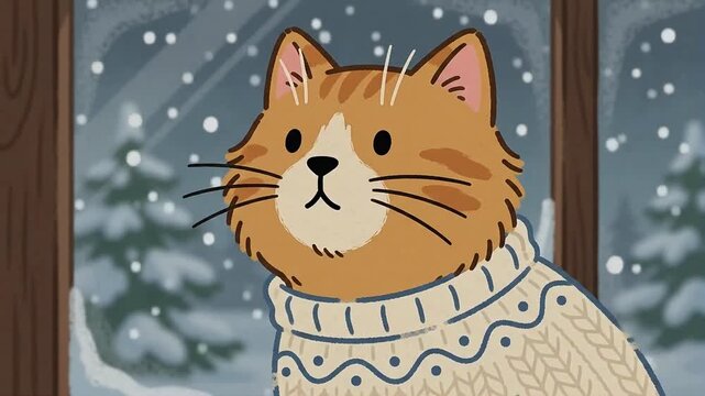 Cozy Ginger Cat in Knitted Sweater on Snowy Window Sill 2D Animation
