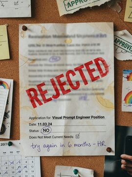 Rejected job application with bold red REJECTED stamp on crumpled paper pinned to corkboard with coffee stains, calendar, sticky notes, and rainbow doodles, handwritten note try again in 6 months