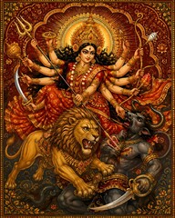 Fototapeta premium Goddess Durga riding lion and defeating demon Mahishasura traditional Indian artwork for Durga Puja 