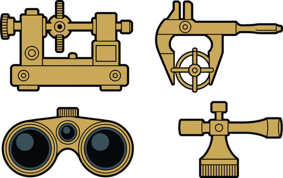 Vintage mechanical engineering and measurement tool icon set featuring antique lathe micrometer caliper brass binoculars and optical scope valve