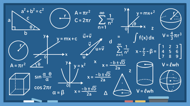 Mathematical Formulas and Geometric Diagrams on a Blue Chalkboard Vector Illustration; Features Algebra, Calculus, Geometry, Trigonometry, and Physics Equations for Education and Science.