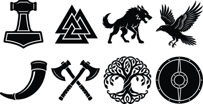 Set of Viking and Norse mythology black silhouette icons featuring Mjolnir, valknut, Yggdrasil, raven, wolf, and shield