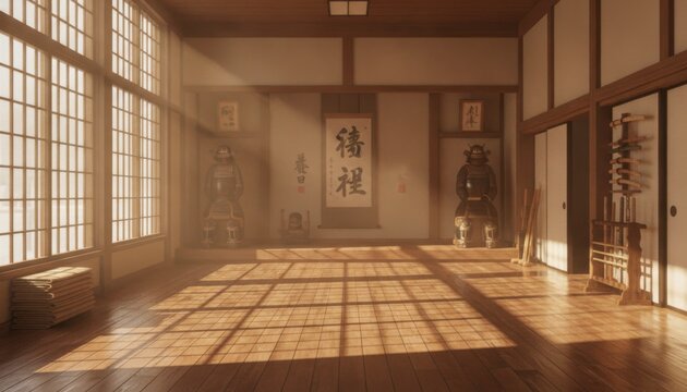 Traditional Japanese dojo with sunlight streaming through large windows onto a wooden floor