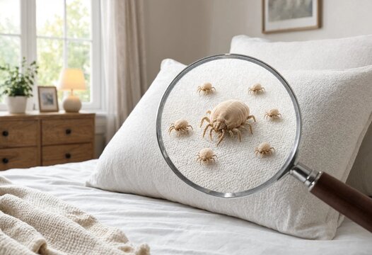 Magnifying glass reveals dust mites crawling on a white pillow in a clean bedroom, illustrating microscopic organisms, hygiene, allergens, and household cleanliness.