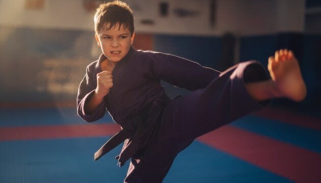 Young boy practicing martial arts with a high kick in a dojo, concept of discipline and empowerment
