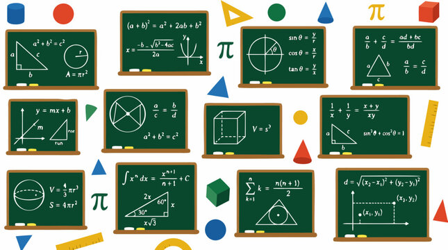 Educational vector illustration featuring green chalkboards with white mathematical formulas, algebra equations, geometry diagrams, and calculus symbols surrounded by colorful 3D shapes.