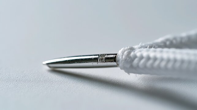 Close-up of metal aglet on new white shoelace, reflective metallic surface, sharp focus, minimalist studio product shot