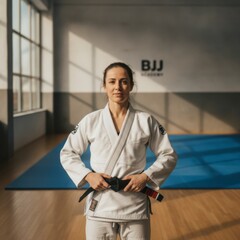 Naklejka premium Female martial artist in white kimono with black belt standing in a BJJ academy