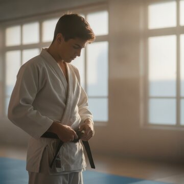 Young martial artist tying a black belt in a dojo, concept of discipline and focus