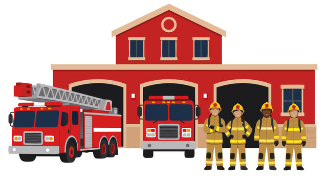 Flat vector illustration of a red fire station building with two fire engines and a team of four diverse firefighters in protective gear standing in front, isolated on a white background.