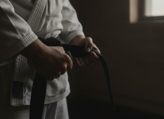 Naklejka premium Close-up of a person's hands tying a black belt on a white martial arts uniform