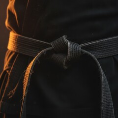 Naklejka premium Close-up of a black belt tied around a person's waist in a dark martial arts uniform
