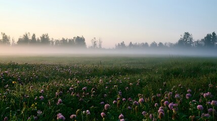 Naklejka premium A misty morning over a field of clover and grass with trees in the distance under a pale sky