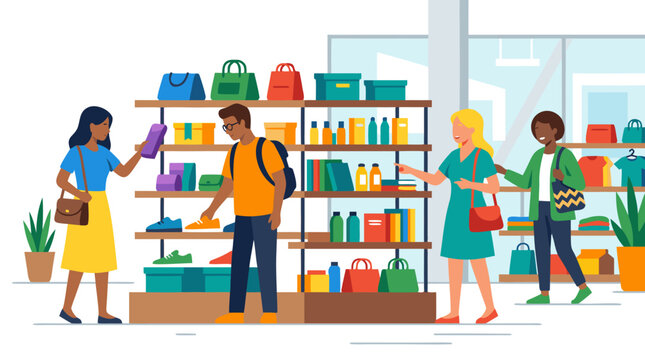 Diverse group of shoppers browsing shelves in a modern bright shopping mall or retail store with bags, shoes, and accessories, flat vector illustration in bold colors on white background.