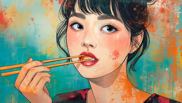 Woman is eating sushi with chopsticks on colorful abstract background. Vintage retro style poster. Portrait of beautiful girl having lunch at the restaurant. Vivid, artistic drawing. Space for design