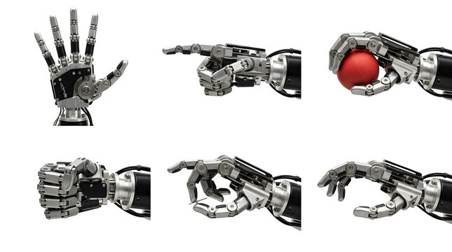 Robotic hand gestures set, futuristic bionic arm collection with 6 mechanical poses, metallic cyborg fingers on white background