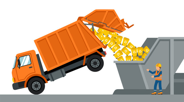 Orange garbage truck tipping its back to pour a cascade of yellow recycling bins into a large gray container at a waste management facility with a worker in safety gear. Vector illustration.