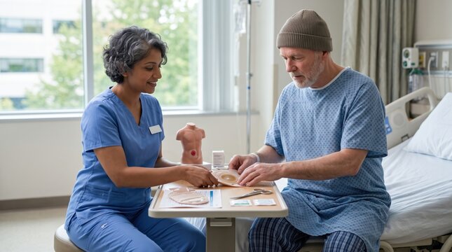 Nurse teaching senior male patient how to use stoma pouch bag in hospital room. Concept of explaining, ostomy, care, ostomy care, ostomy pouch.