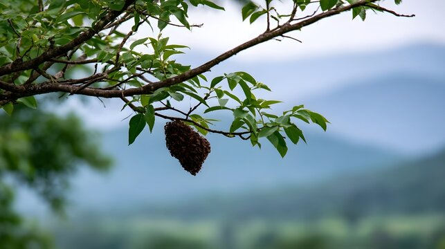 A hanging beehive nestled among green leaves on a tree branch  with soft focus mountains in the background