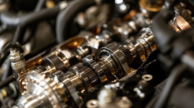Abstract industrial composition of engine camshaft cross-section, oiled metal surfaces and shallow depth, mechanical art
