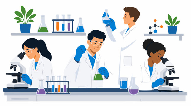 Diverse team of professional scientists working in a modern laboratory using microscopes and chemical glassware. Flat vector illustration of researchers conducting experiments in a clean lab.