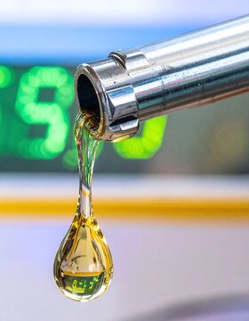 A macro closeup of a fuel nozzle with a golden gasoline droplet hanging, capturing the essence of energy costs and consumption. No people are present in this modern industrial concept image.