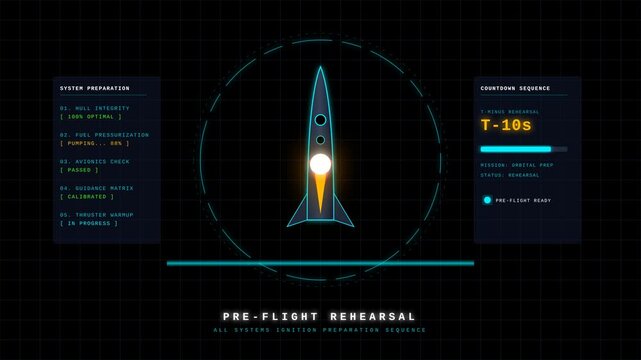 Pre-Flight Rehearsal Countdown for Launch Preparation with System Checks and Optimization Details Displayed on Digital Interface