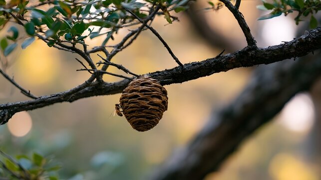 A natural beehive hanging from a tree branch with a bee nearby  set against a softly blurred background of foliage and warm light