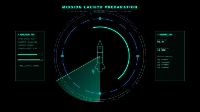 Digital Display of Mission Launch Preparation with Graphic Interface Showcasing Rehearsal Status and Indicator for Aerospace Systems