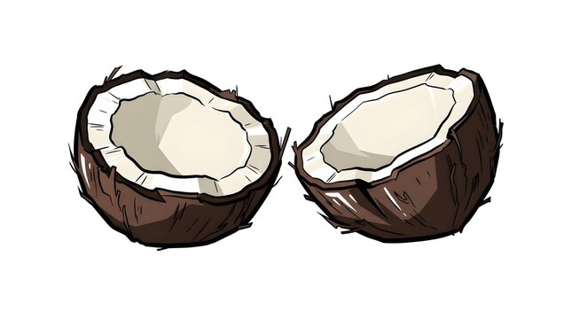 Two halves of a cracked open brown coconut showing the fresh white meat inside. High-quality vector illustration isolated on white for culinary and cosmetic designs.