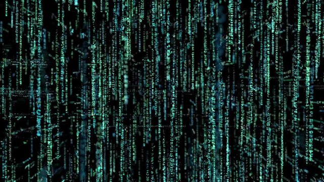 Dynamic visual of binary code and data flowing downwards, creating a futuristic and technological background.